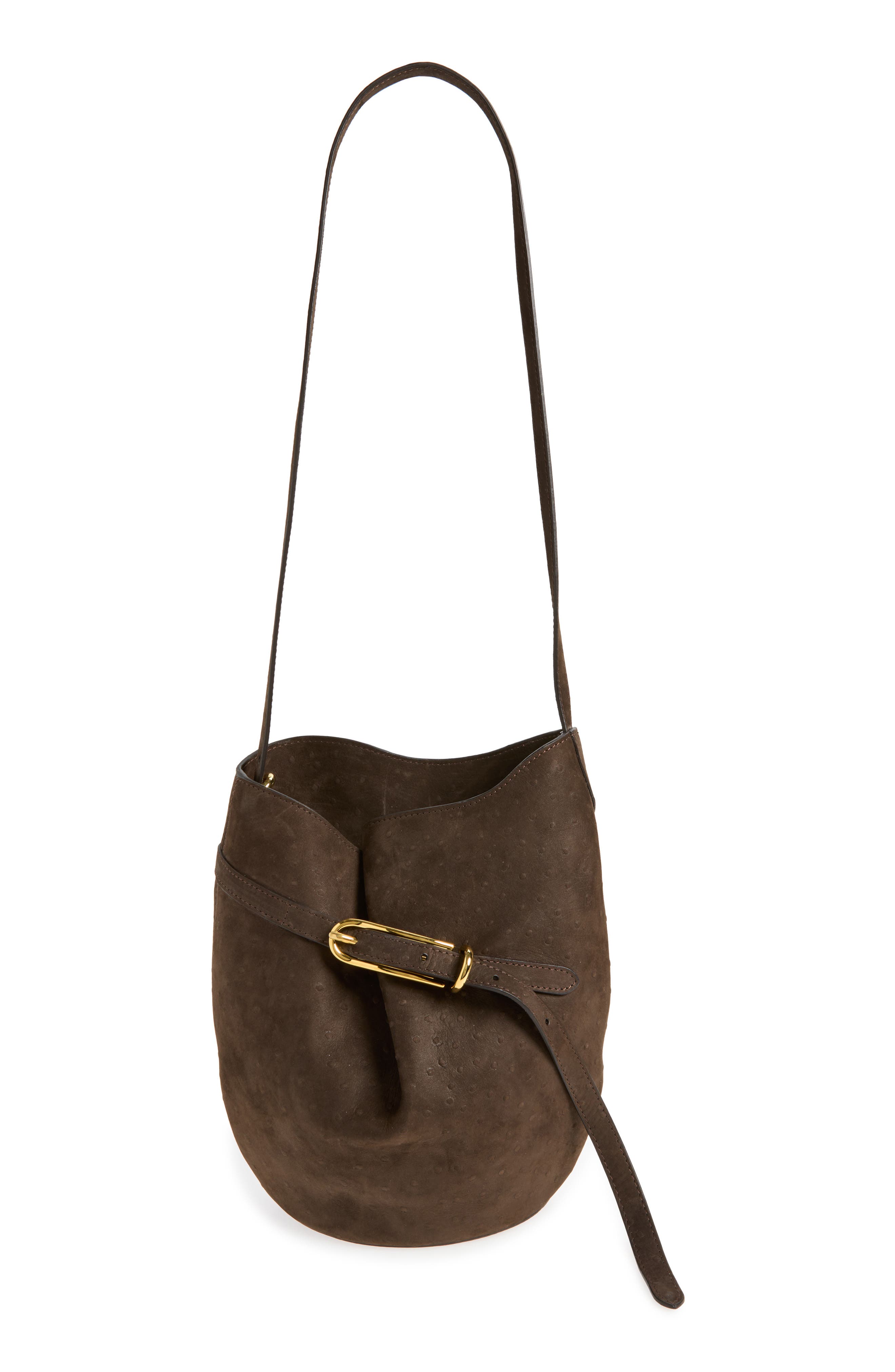 LIFFNER Belted Suede Bucket Bag, Main, color, Dark Brown