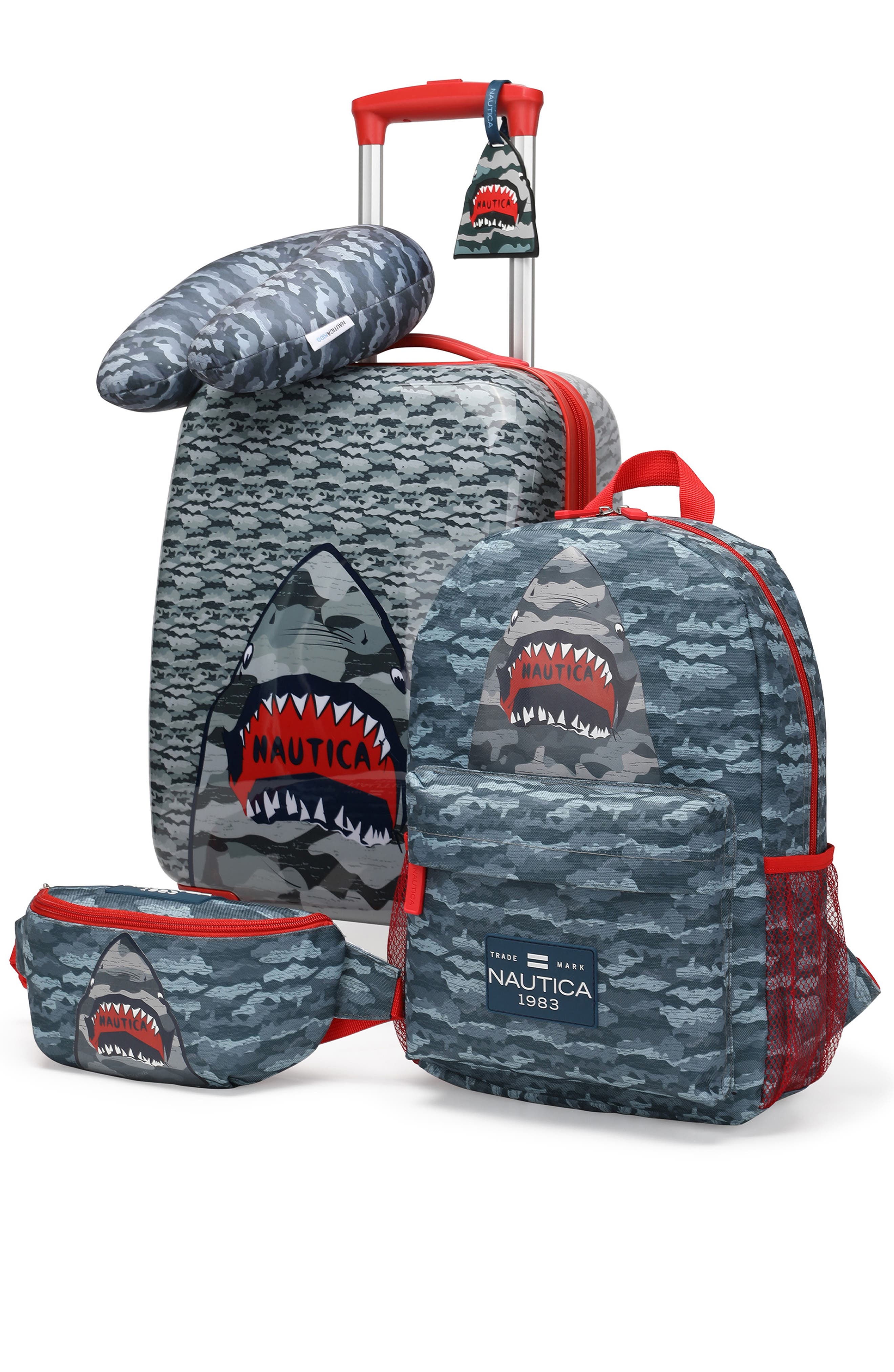 Nautica Airline Approved Carry On 5 Piece Luggage Set, Main, color, Shark Attack