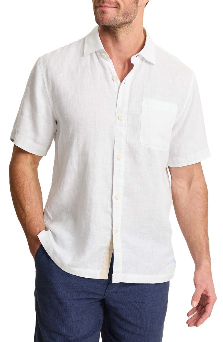 Tommy Bahama Paradise Breezer Short Sleeve Linen Button-Up Shirt, Main, color, White