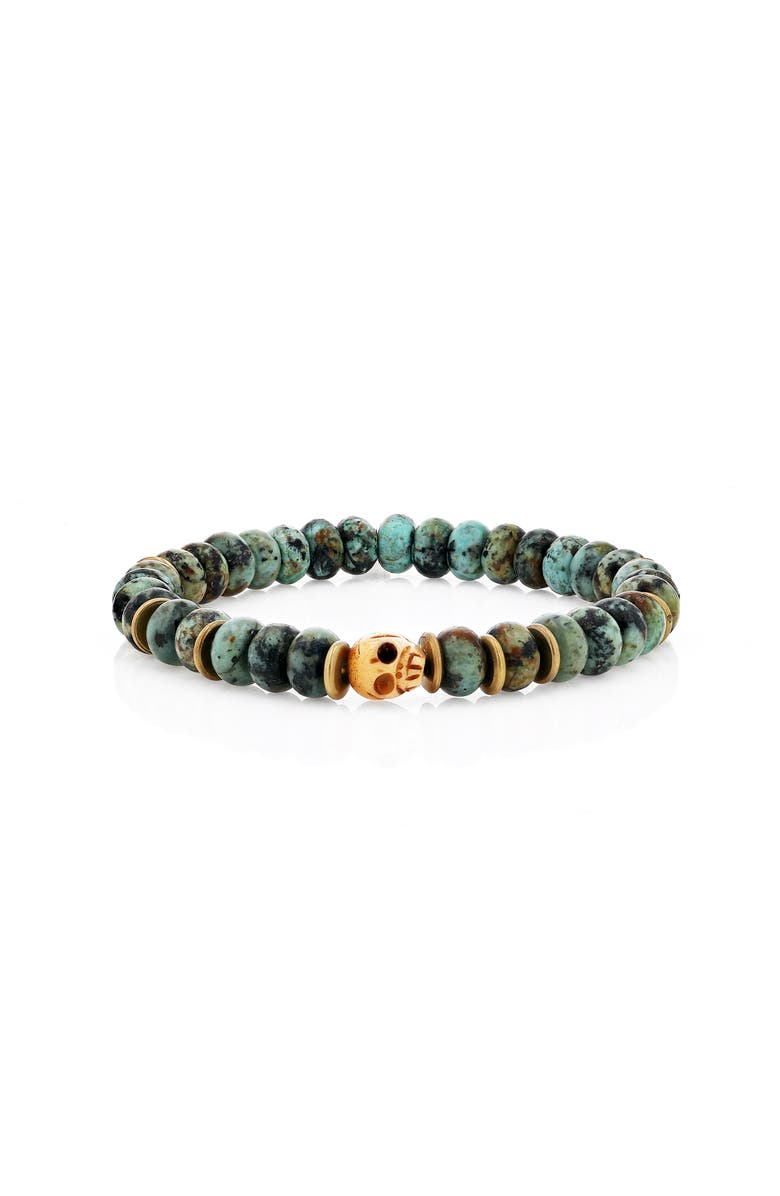 Mr Lowe by Sheryl Lowe Mr Lowe African Turquoise Bead Bracelet with Brass Spacer Beads and Carved Skull Bead, Main, color, 