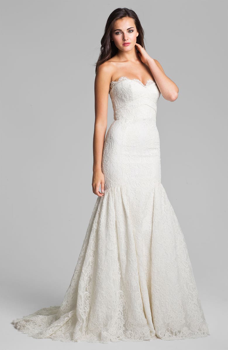 Theia Strapless Embroidered Lace Trumpet Gown, Main, color, 