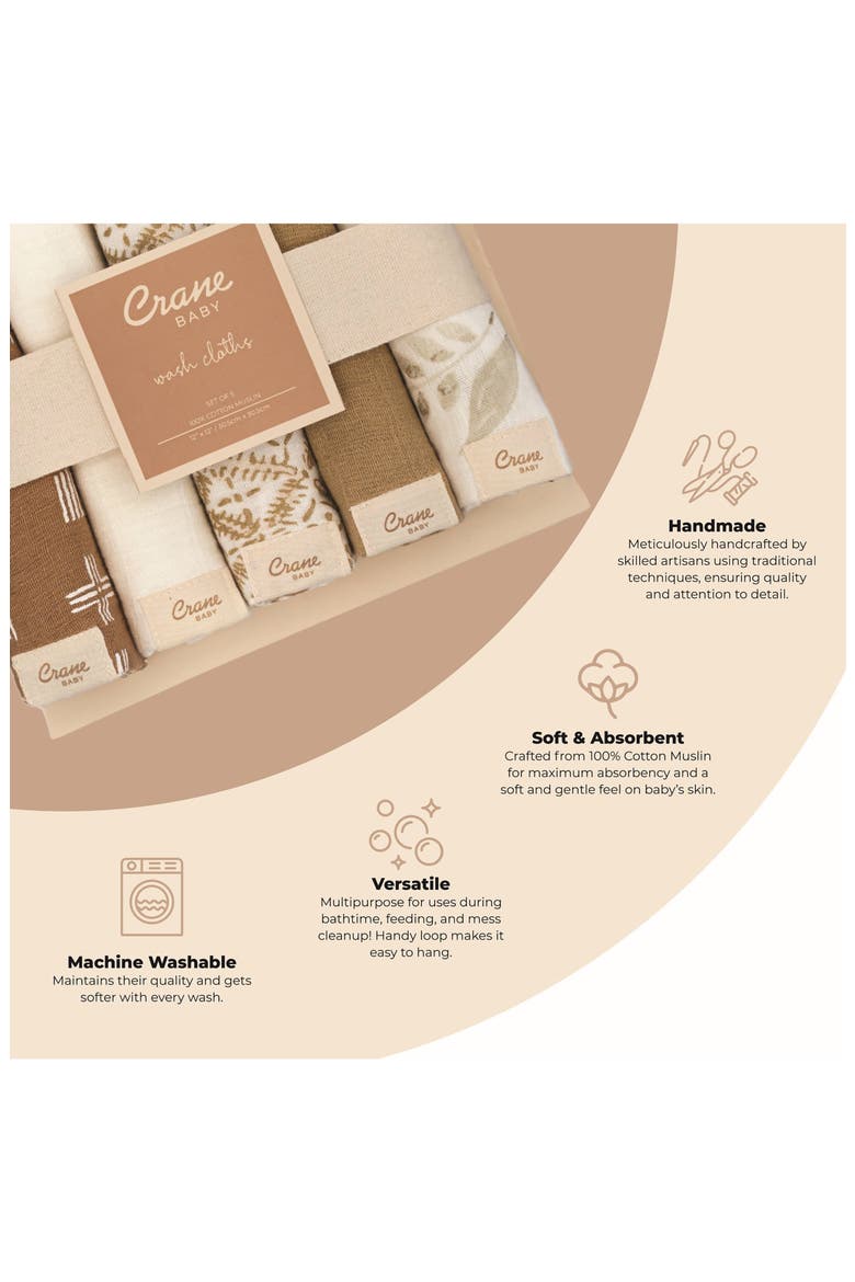 Kendi 5-Pack Cotton Muslin Washcloths, Alternate, color, BEIGE