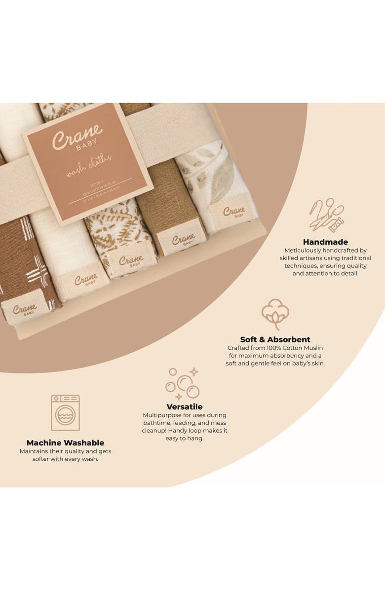 CRANE BABY Kendi 5-Pack Cotton Muslin Washcloths, Alternate, color, Beige