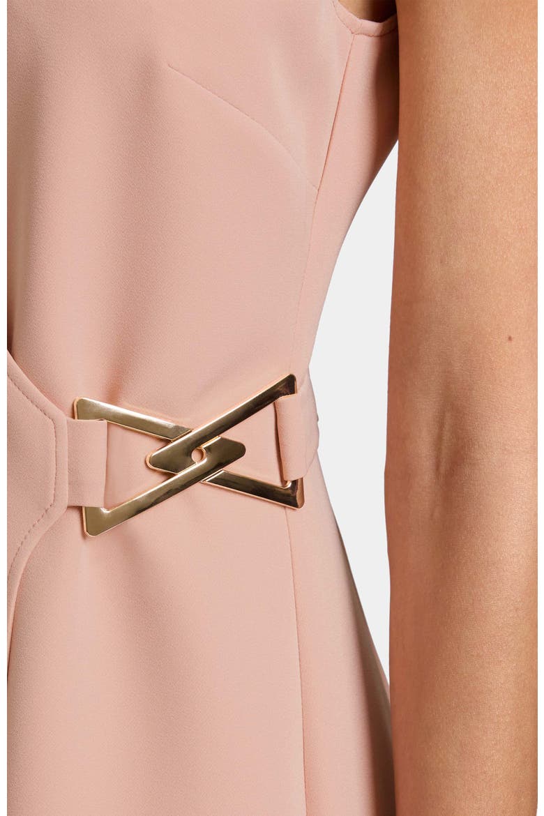Ursa Sleeveless Faux Wrap Dress with Metal Buckle in Stretch Crepe, Alternate, color, PEACH WHIP