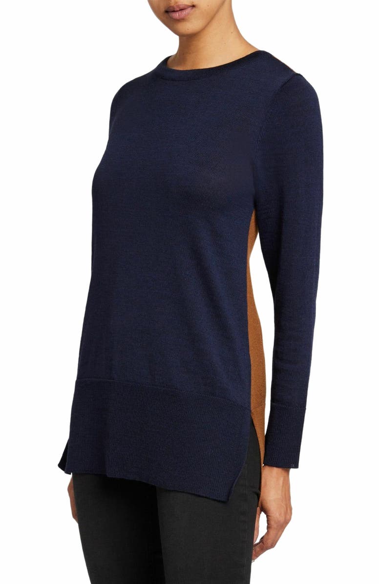 Santorelli TORI Color Block Knit Sweater in Extra Fine Merino Wool, Main, color, Space Blue