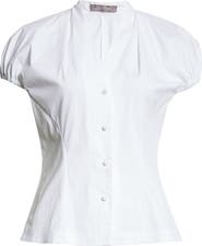 Lela Rose V-Neck Poplin Button-Up Shirt