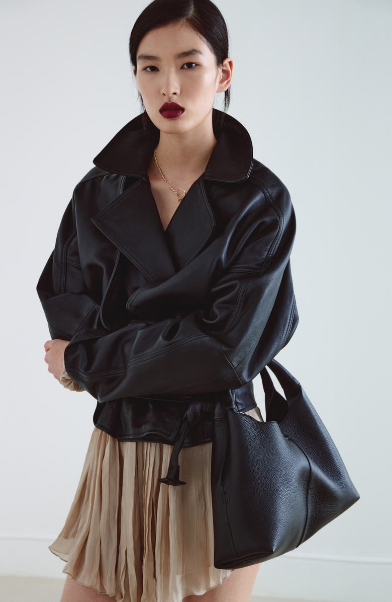 MANGO Leather Shoulder Bag, Alternate, color, Black