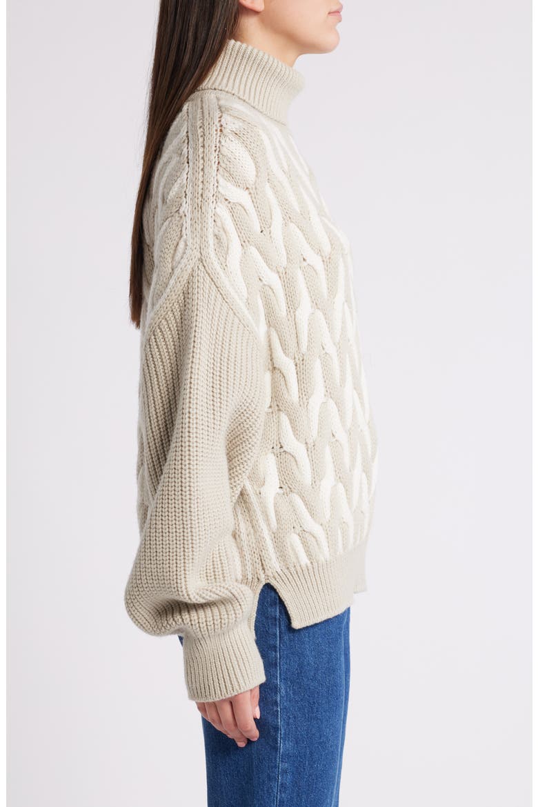Ferdolia Two-Tone Cable Stitch Virgin Wool Turtleneck Sweater, Alternate, color, DRIED SAGE INTERLOCK