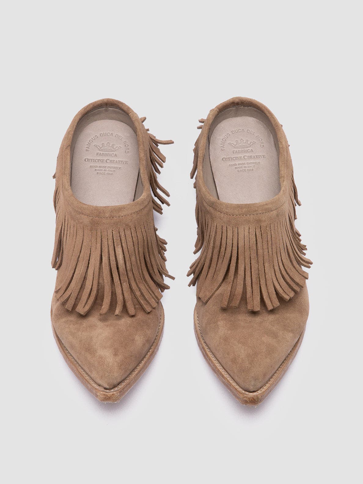 Officine Creative Wanda DD 108 Suede Fringe Mules, Alternate, color, Taupe