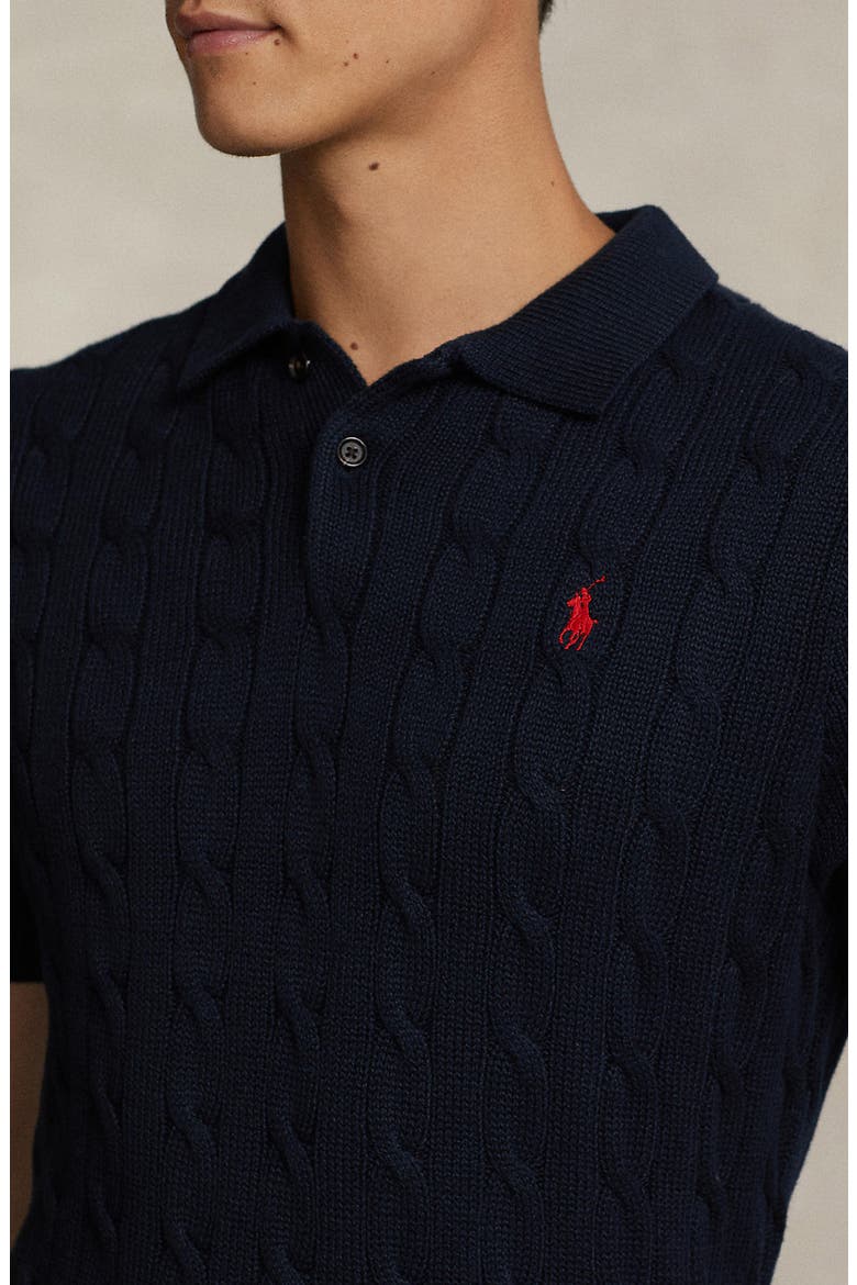 Cable-Knit Cotton Polo Sweater, Alternate, color, HUNTER NAVY