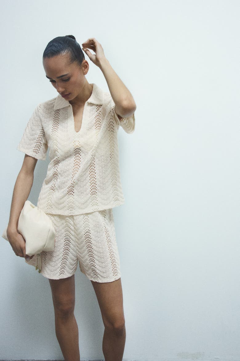 Crochet-look Polo Shirt, Main, color, Light beige