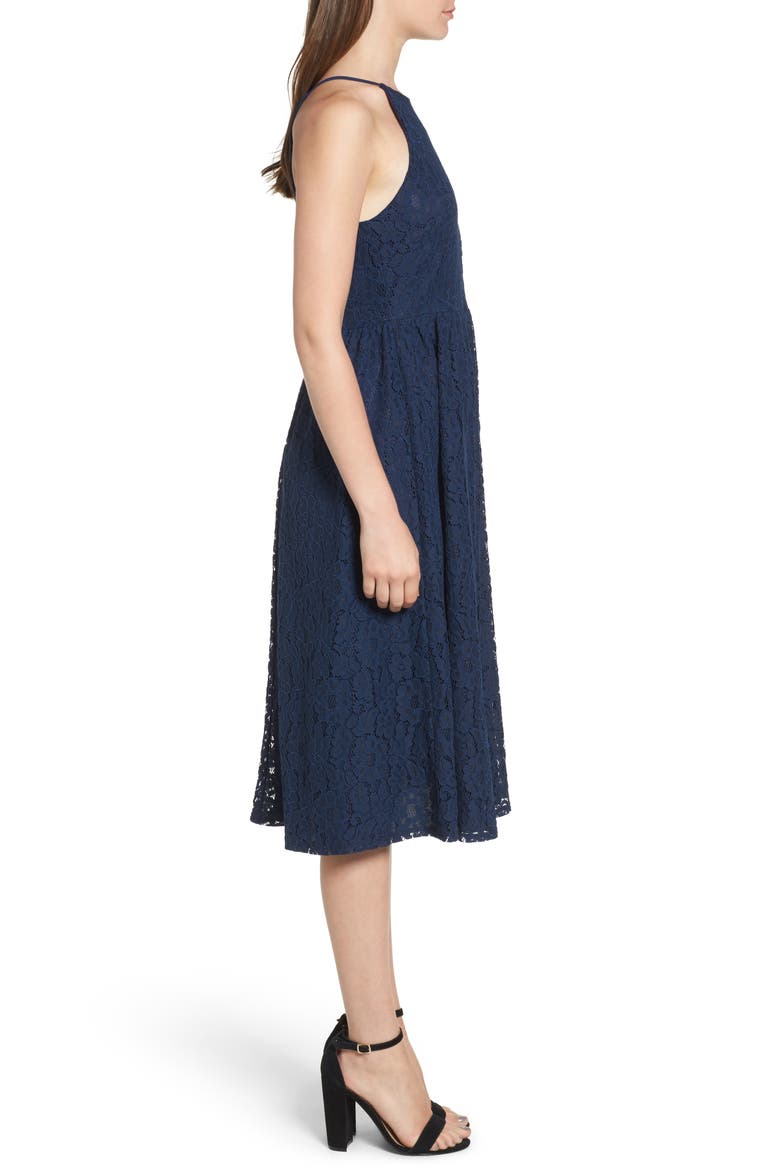 High Neck Lace Midi Dress, Alternate, color, NAVY