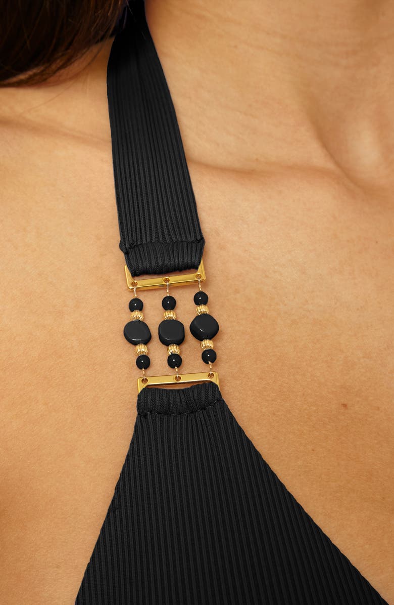 Becca Modern Edge Rib Triangle Bikini Top, Alternate, color, Black