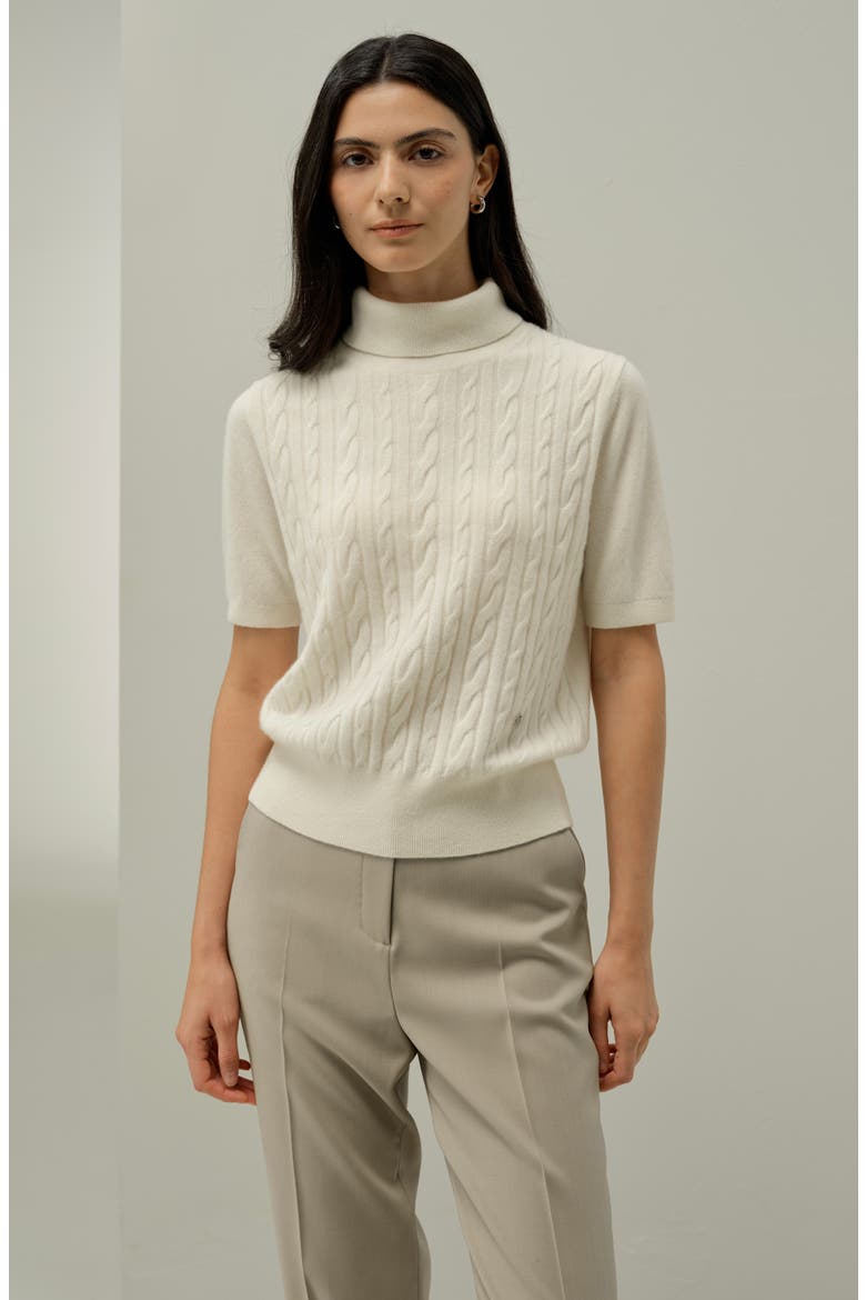 Women's Cable-Knit Baby Cashmere Turtleneck Top, Alternate, color, Cloud