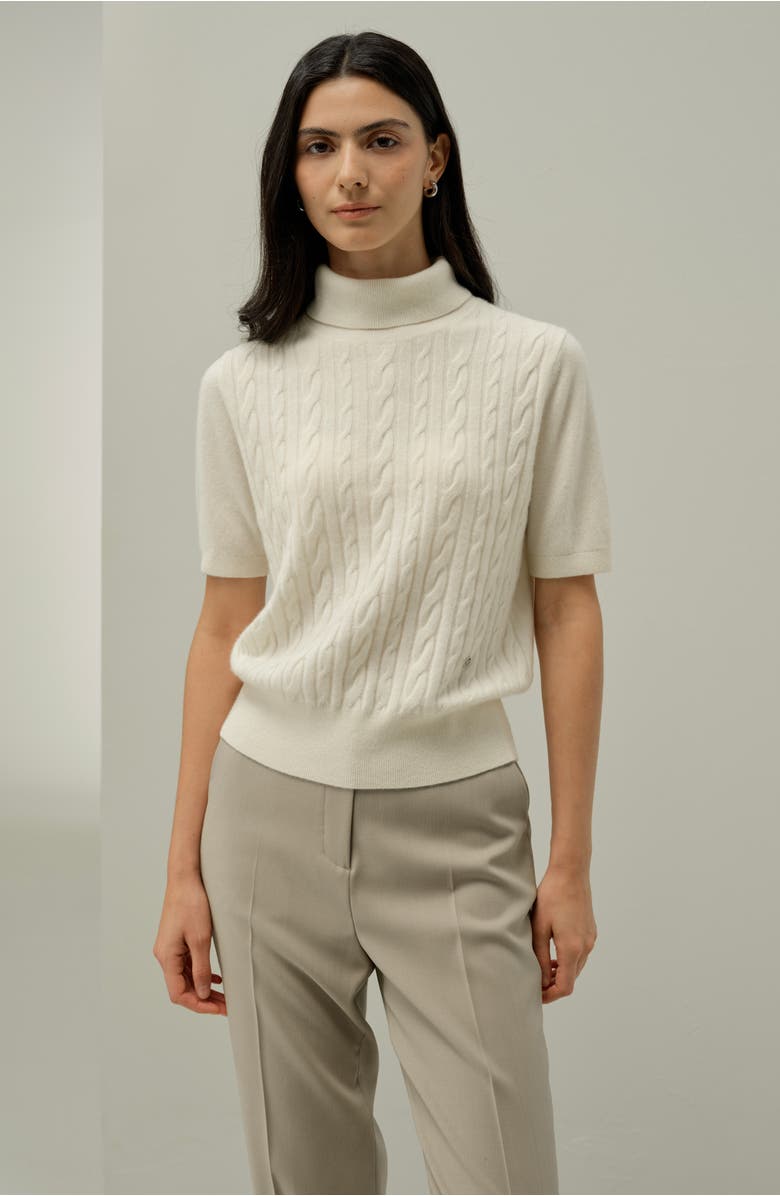 Lilysilk Cable-Knit Baby Cashmere Turtleneck Top, Alternate, color, Cloud