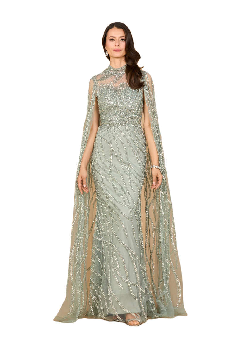 High Neck Gown with Long Cape Sleeves, Main, color, Grey