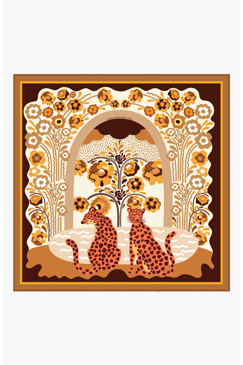Double Sided Silk Scarf Of Leopards With Floral Fountain, Main, color, Brown