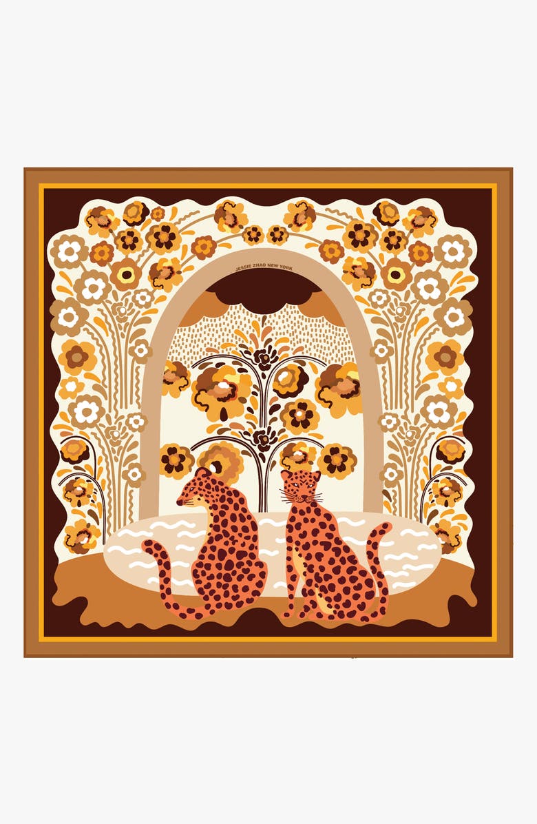 Jessie Zhao New York Double Sided Silk Scarf Of Leopards With Floral Fountain, Main, color, Brown