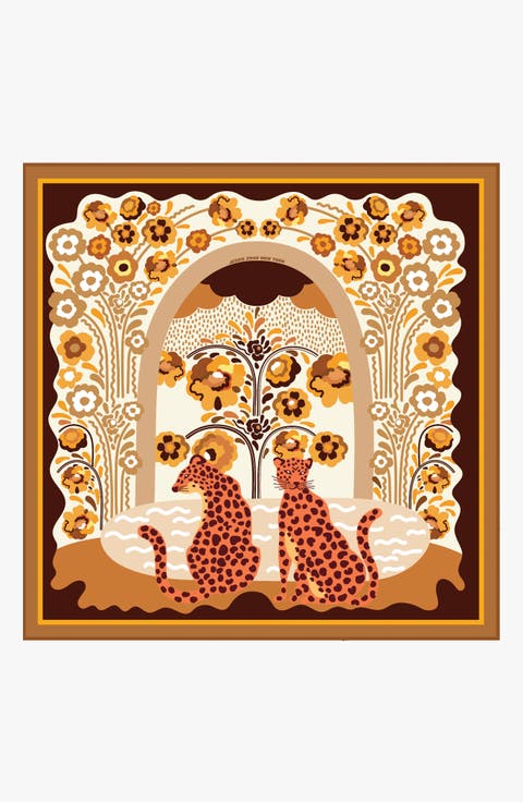 Double Sided Silk Scarf Of Leopards With Floral Fountain
