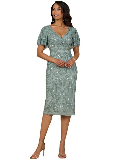 Lara New York Beaded Midi Dress With Cape Sleeves In Dark Sage