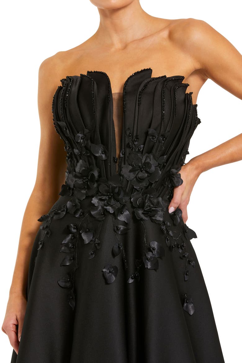 Petite Black Strapless Satin Floral Embellished Ball Gown, Alternate, color, Black
