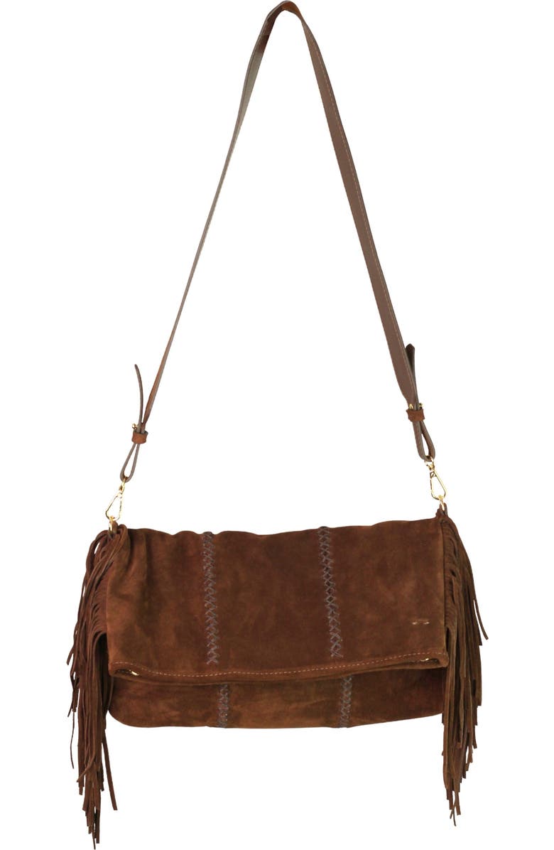 Carlos Falchi Large Fringe Suede Crossbody Messenger, Main, color, Cocoa