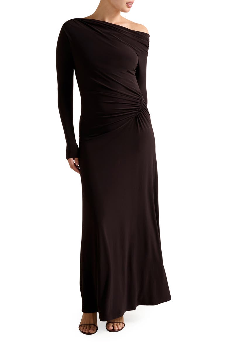 Dixie One-Shoulder Long Sleeve Ruched Maxi Dress, Main, color, DARK PLUM