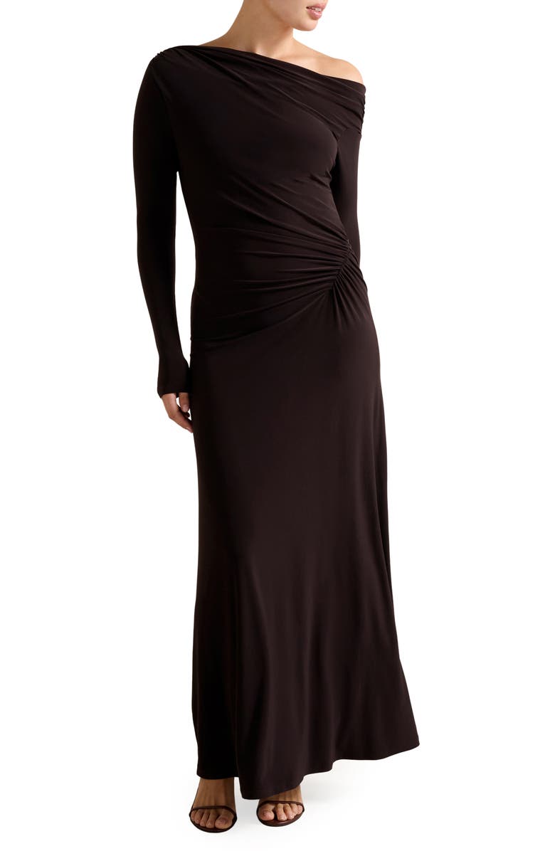 Ever New Dixie One-Shoulder Long Sleeve Ruched Maxi Dress, Main, color, Dark Plum