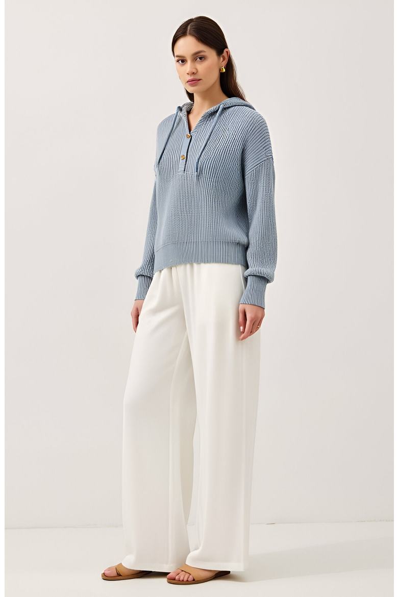 Knit Button Front Hoodie with Ribbed Hem and Drop Shoulders, Alternate, color, Light Beige