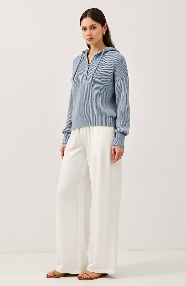 Modenaire Knit Button Front Hoodie with Ribbed Hem and Drop Shoulders, Alternate, color, Light Beige