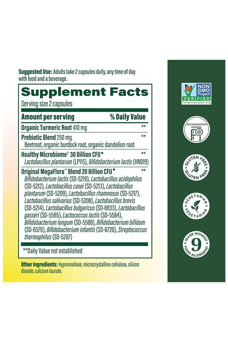 MegaFlora Probiotic + Prebiotic with Turmeric, 50 Billion CFU, Vegetarian, 90 Capsules, Alternate, color, None