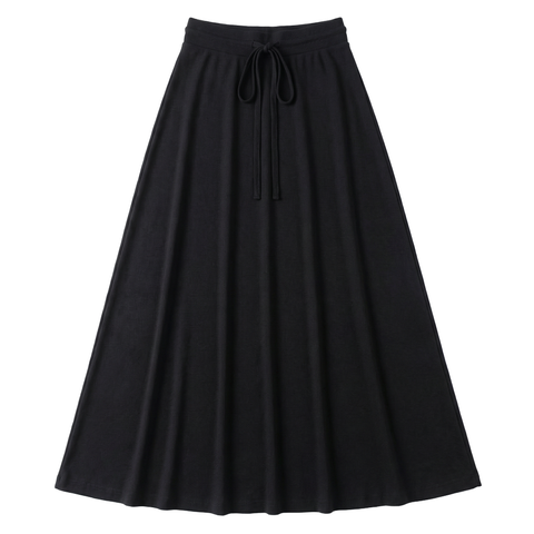Ribbed Drawstring Elastic Waist Maxi A-Line Skirt
