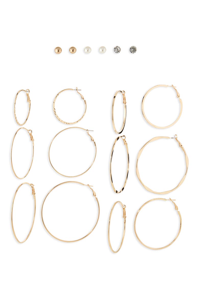 9-Pack Hoop & Stud Earrings, Main, color, GOLD CRYSTAL IVORY