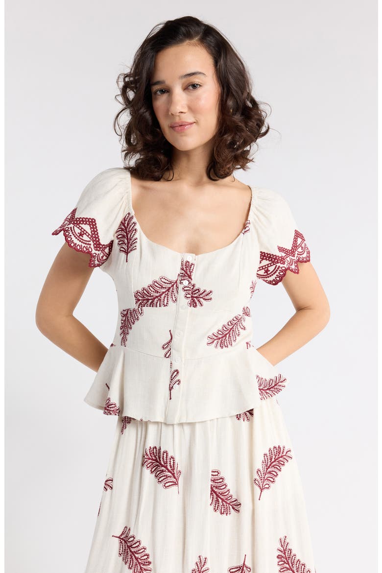 Flutter Sleeve Peplum Top, Main, color, IVORY BURGUNDY EMBROIDERY