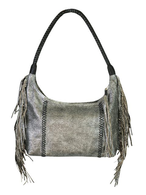 Large Fringe Top Grain Leather Hobo Shoulder Bag