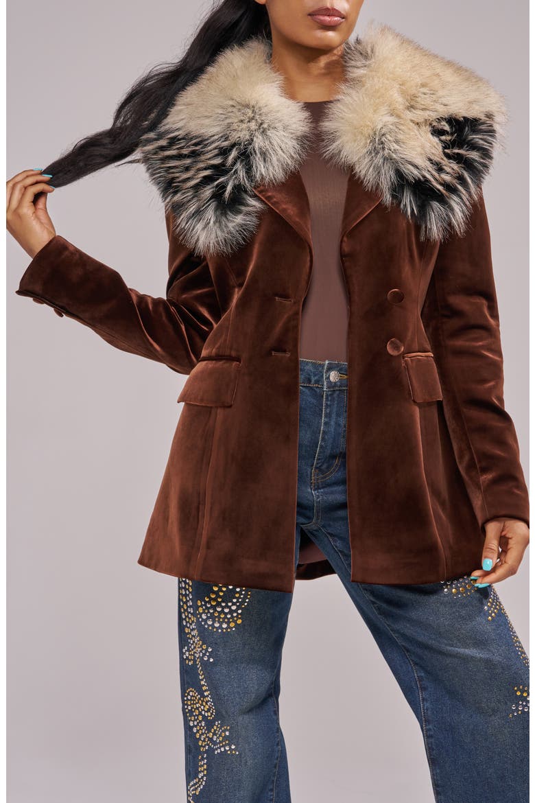 Elaris Velvet Blazer with Faux Fur Collar, Alternate, color, CHOCOLATE
