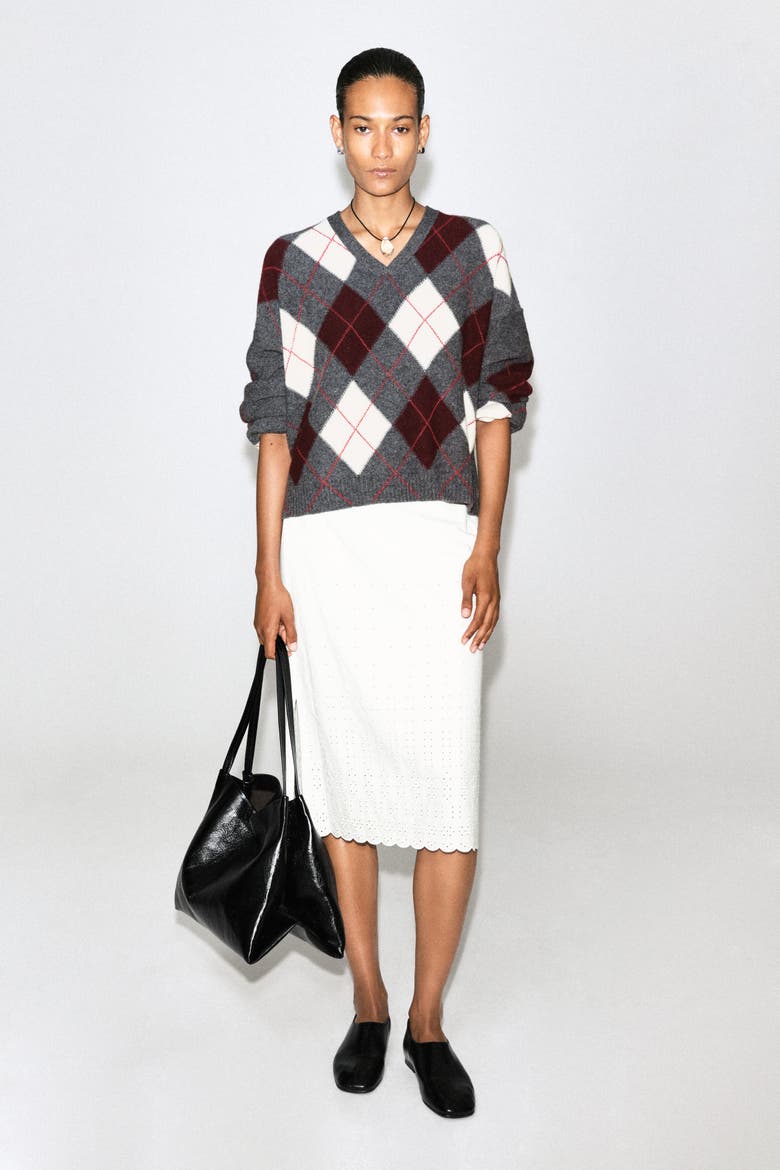 Argyle Wool-Alpaca V-Neck Sweater, Alternate, color, GRAY / RED / CHECKED