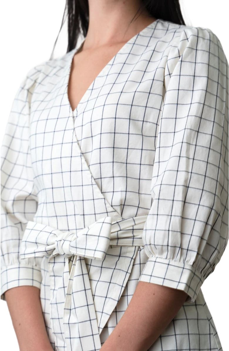 Hope 
Henry Women
s Organic Puff Sleeve Wrap Top, Alternate, color, Ivory And Navy Windowpane