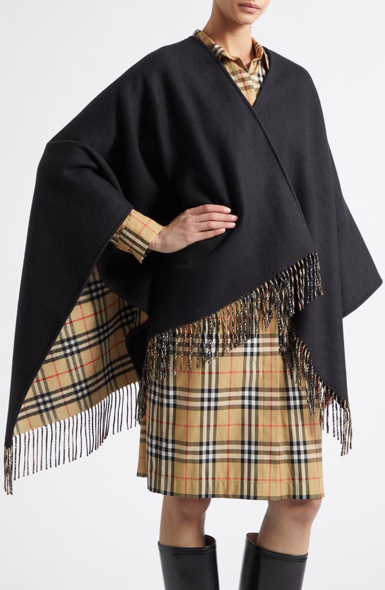Burberry Reversible Wool Cape, Alternate, color, Black