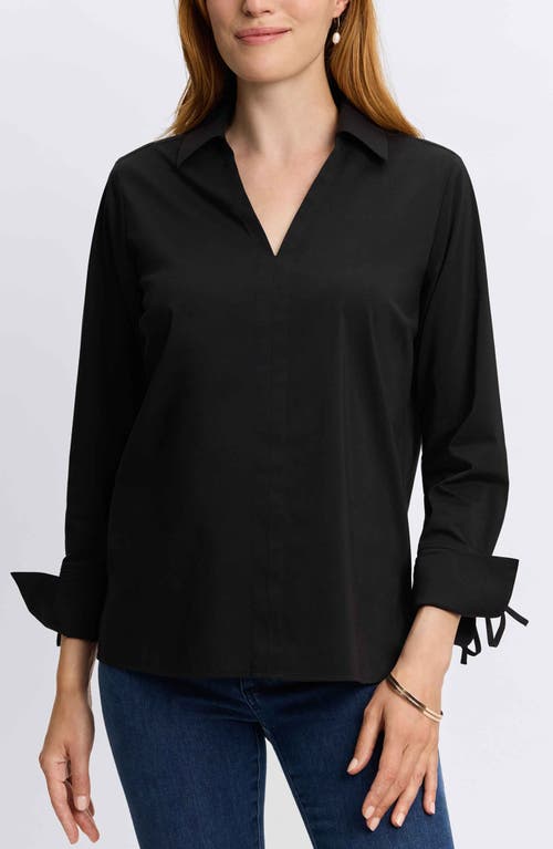 Foxcroft Carla Tie Cuff Cotton Blend Popover Top In Black