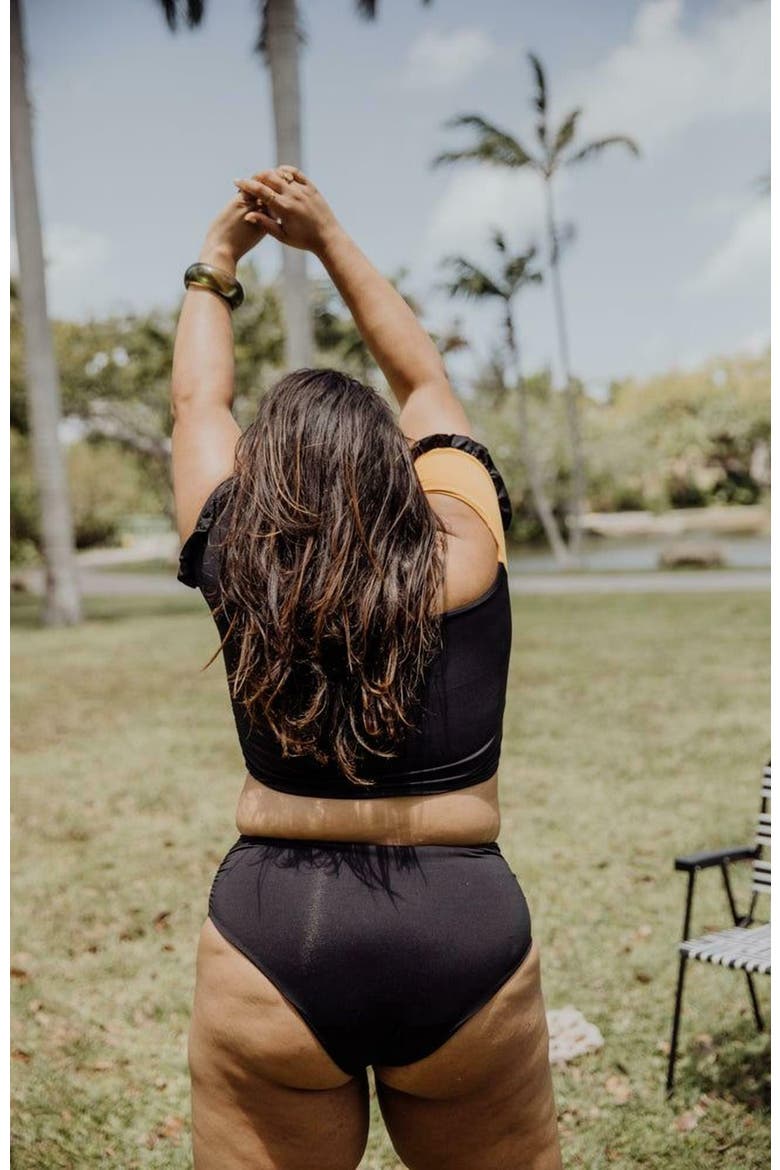 Cali Off-The-Shoulder Bikini Crop Top With Short Sleeves, Alternate, color, Black and Mustard Yellow
