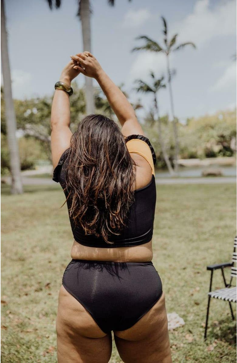 Mary Mercedes Cali Off-The-Shoulder Bikini Crop Top With Short Sleeves, Alternate, color, Black And Mustard Yellow