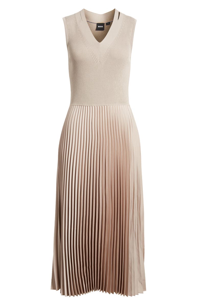 BOSS Farara Mixed Media Pleated Sleeveless Dress, Alternate, color, 