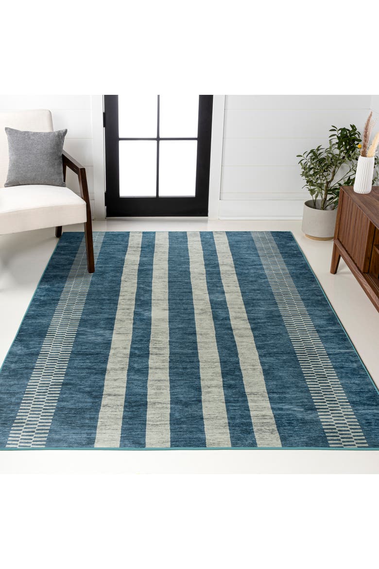 Vichy Geometric Striped Machine-Washable Area Rug, Alternate, color, Blue/Cream