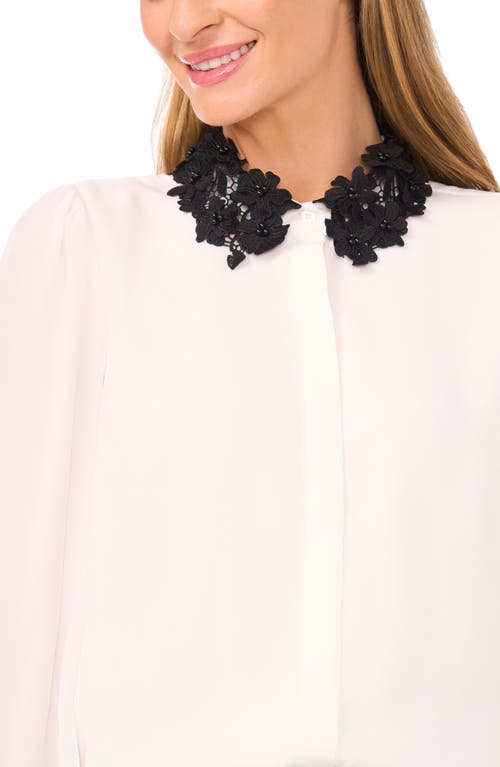 Cece Embroidered Floral Lace Collar Georgette Button-up Shirt In White