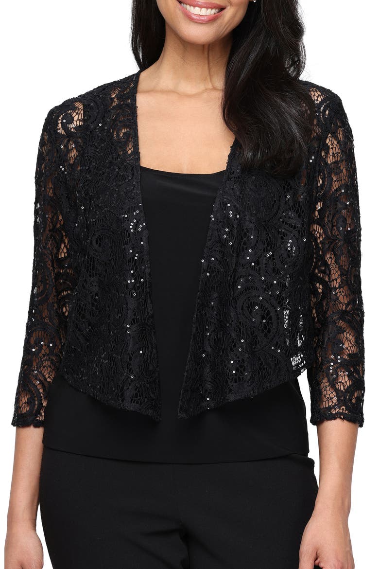 Three-Quarter Sleeve Stretch Sequin Lace Coverup Jacket, Main, color, BLACK