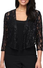 Alex Evenings Three-Quarter Sleeve Stretch Sequin Lace Coverup Jacket