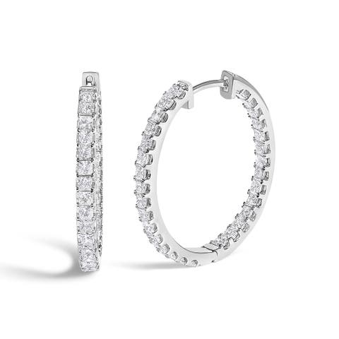 14K White Gold 3.00 Cttw Princess Diamond Inside Out Elongated Hoop Earrings