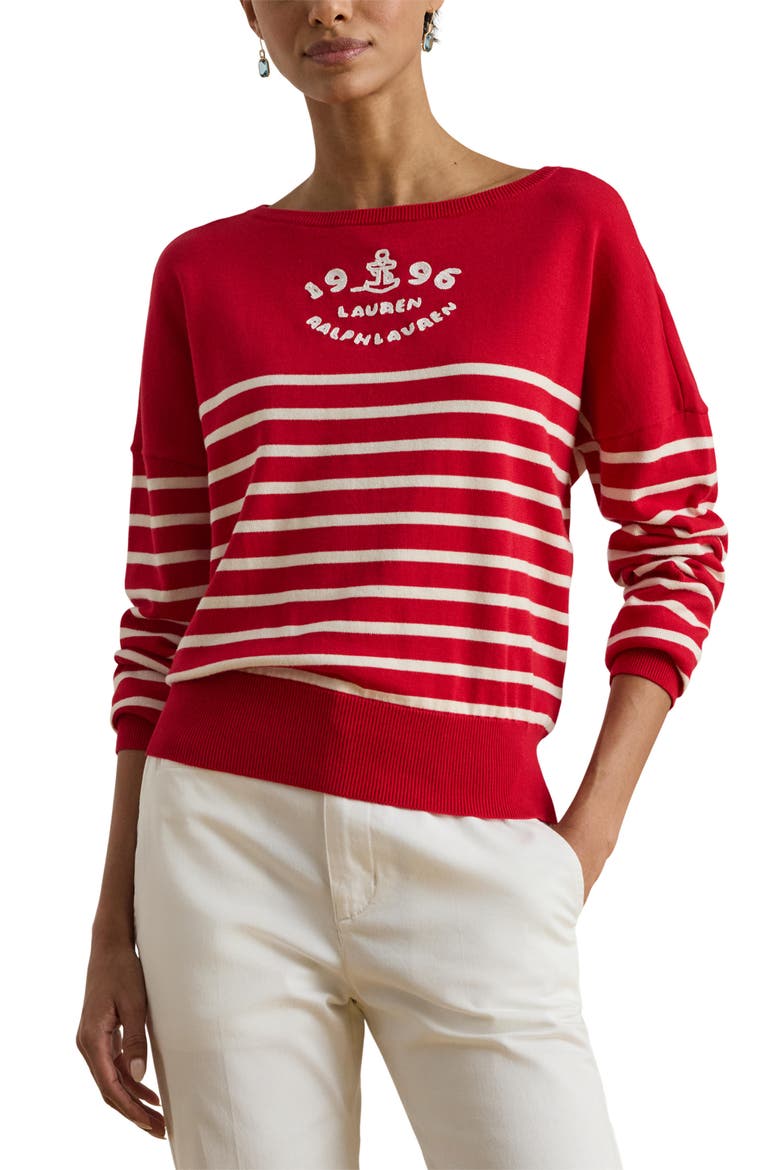 Striped Combed Cotton Boat Neck Sweater, Main, color, CREAM/ CRUISE RED