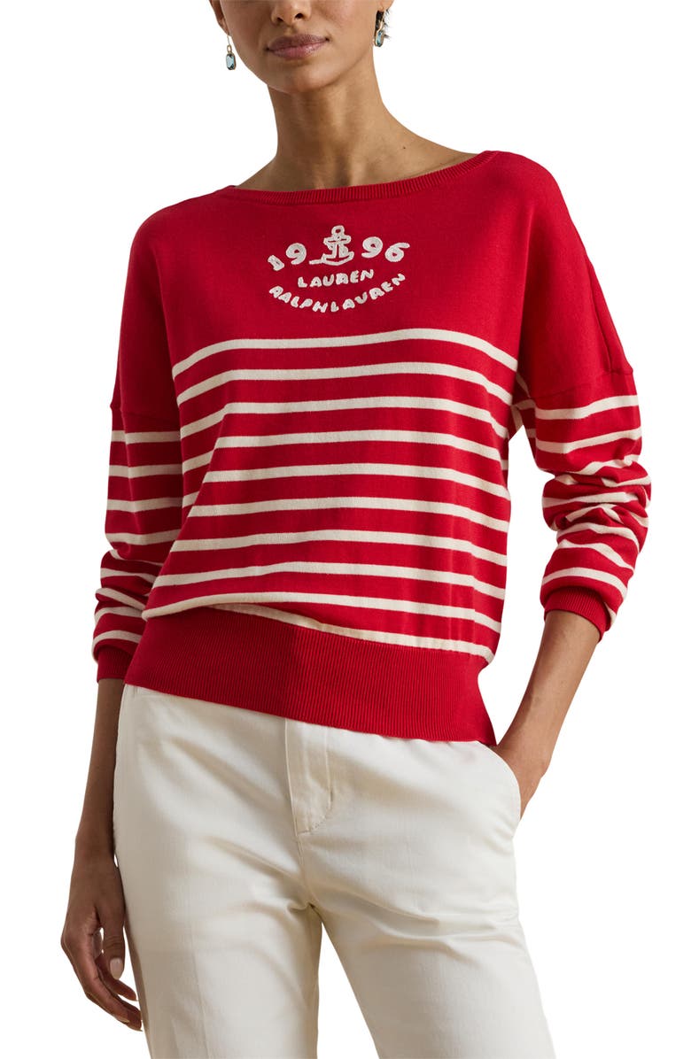Lauren Ralph Lauren Striped Combed Cotton Boat Neck Sweater, Main, color, Cream/ Cruise Red